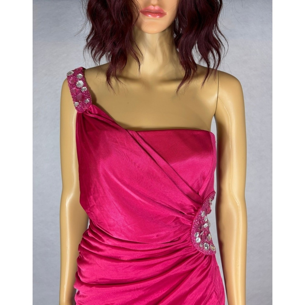Vintage y2k Pink Satin One Shoulder Ruched Mini Dress Rhinestone Party MEDIUM - Picture 4 of 10